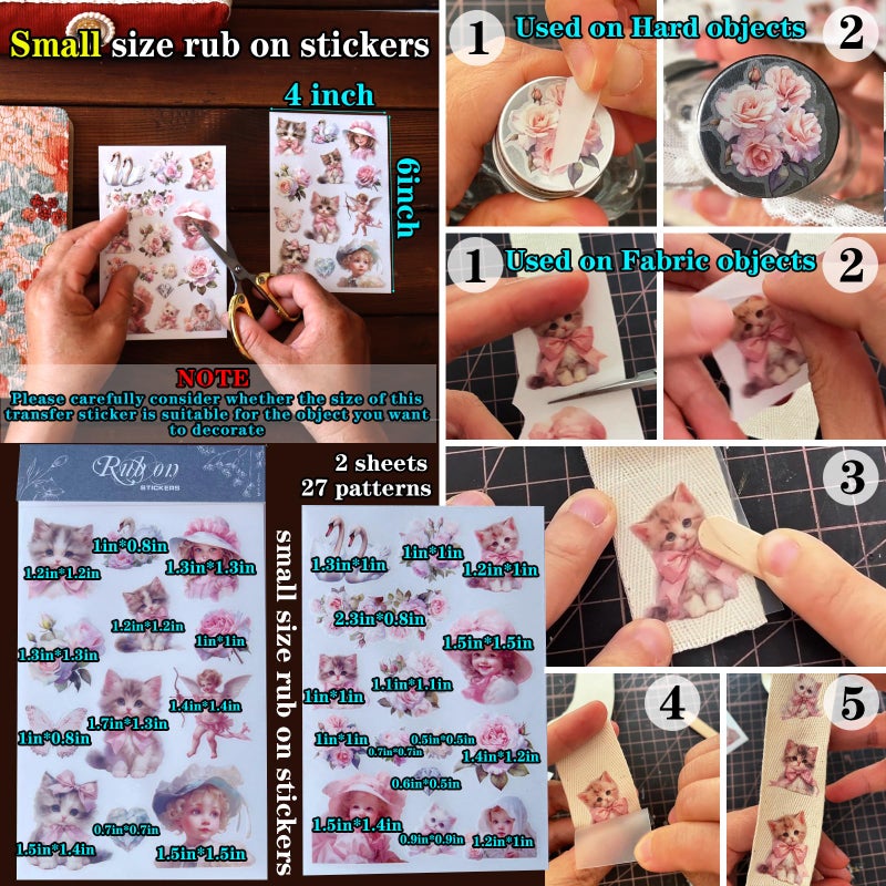 Cataireen Rub On Transfers Stickers 2 Sheets For Crafts Cloth Glass Acrylic Wood Furniture Small Vintage Junk Journal Supplies Scrapbooking Items Christmas Thanksgiving (Pink Girl And Cat) - Image 2